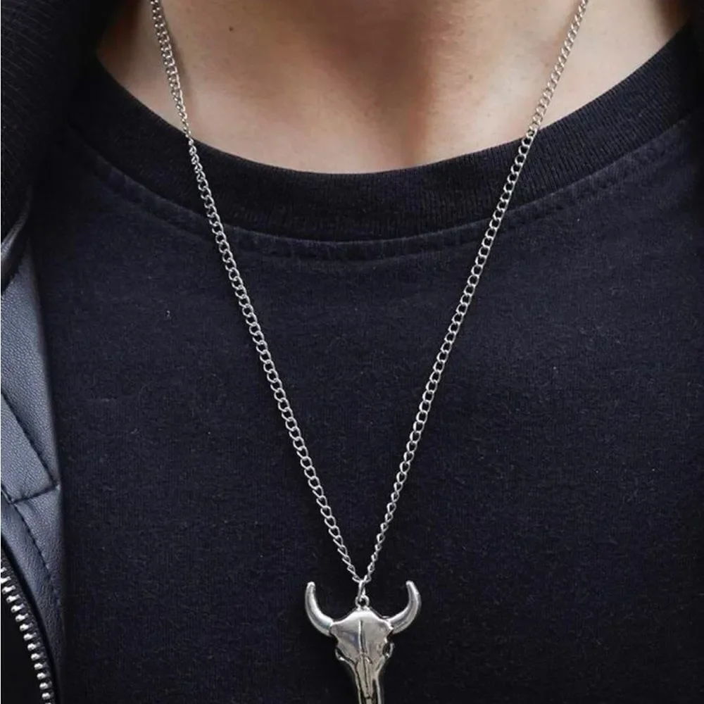 Silver cow skull head with silver chain! New unisex